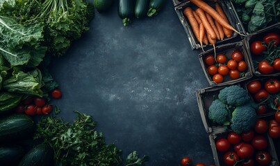 This is a rich, moody, and vibrant close-up shot of fresh vegetables, including tomatoes, carrots, cabbage, broccoli, and leafy greens