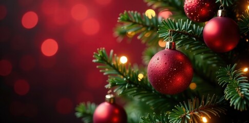 Obraz premium Elegant Christmas tree, shimmering ornaments, red bokeh glow , red background, shiny, christmas bokeh
