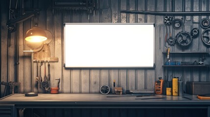 Vintage Workshop Interior with Blank Whiteboard
