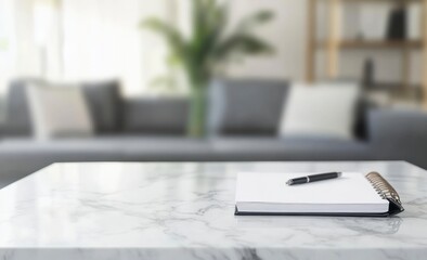 Notepad and Pen on Marble Table in Bright Modern Living Room