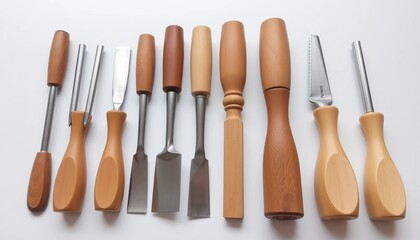 Assortment Of Woodworking Chisels With Wooden Handles On White Background