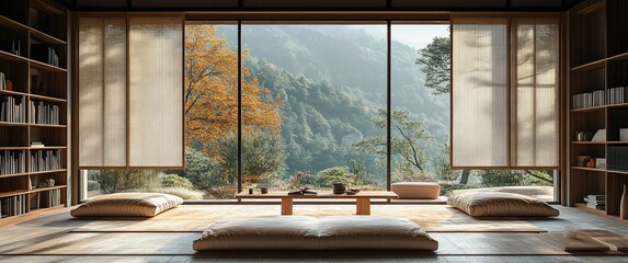 Minimalist Japanese-style room with floor-to-ceiling windows, bookshelves, comfortable cushions on ground, autumn mountain view, natural light, wooden elements, soft tones.
