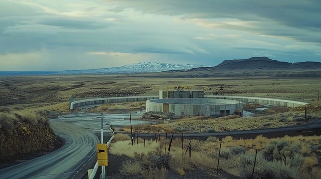 Aerial view of secure nuclear waste storage facility with warning signs and containment structures in barren landscape under cloudy sky. Environmental safety and hazardous material management concepts