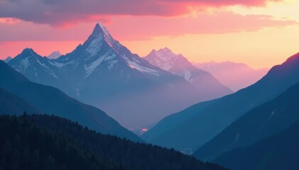 Fototapeta premium Misty mountain range at dawn, dramatic sky, majestic peaks, valley, sky, sunrise