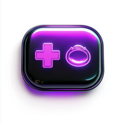 Neon Plus Button with Ring Icon on Glossy Background  