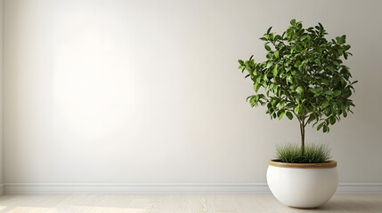 Green plant in a pot on a table in a cozy room with wooden floors