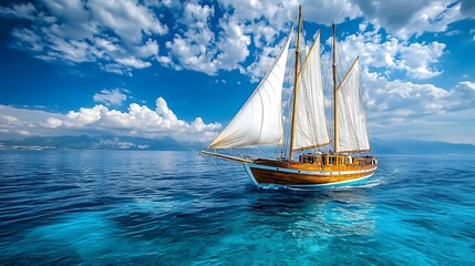 Fototapeta premium Classic wooden sailboat sailing on a calm turquoise sea under a bright blue sky with fluffy white clouds and mountains in the background.