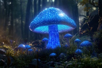 A luminous blue mushroom glows amongst the surrounding forest vegetation