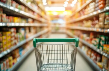Shopping Cart Moving Through Blurry Aisle in Supermarket Retail Store