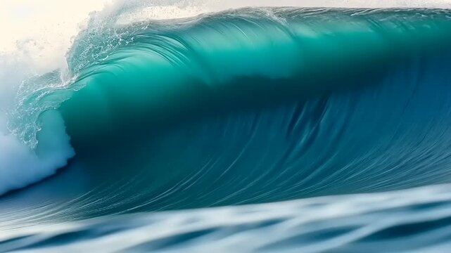 Majestic ocean wave curling with vibrant turquoise hues against a serene coastal backdrop