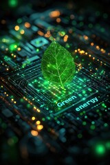 Green energy concept with a glowing leaf and digital data elements
