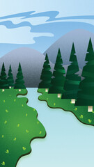 Mountain Forest with River Illustrations with Grainy Texture