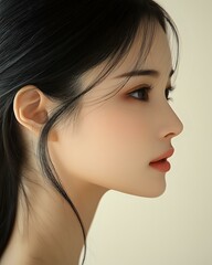 Fototapeta premium Side profile portrait of young Asian woman with red lips and black hair against light background, showcasing elegant facial features and natural makeup look.