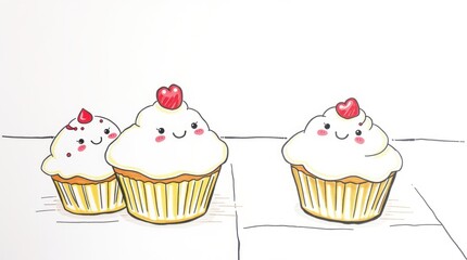 Cute cupcakes with heart sprinkles on table, baking illustration, for cards