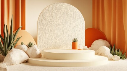 Minimalist display podium with succulents, warm tones