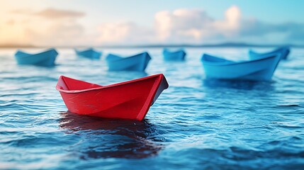 Fototapeta premium Red paper boat leads blue fleet on calm water at sunset.