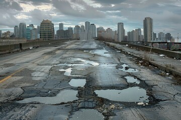 The picture of the road of the urban city that has been cracked, broken and filled with pothole everywhere on the street lead to a city, a pothole is a depression or hollow in a road surface. AIG51.