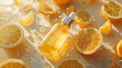 Glass bottle with vitamin C serum among fresh orange slices on light background with water drops, natural skincare and beauty concept for cosmetic product.