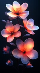 Glowing abstract flowers with soft red and blue lighting bloom against a dark background, creating a surreal and elegant digital floral composition.