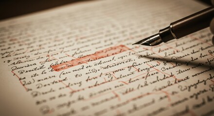 Editing Manuscript with Fountain Pen Close Up on Proofreading Process