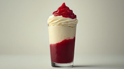 Layered dessert drink with red berry sauce, whipped cream topping and fresh raspberries in tall glass against neutral background, studio food photography.