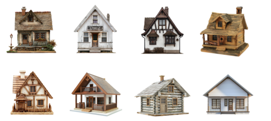 Collection of Cottage front view full length isolate on transparency background
