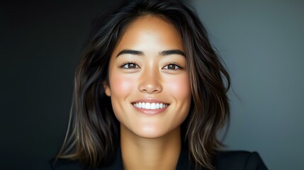 Young Asian woman with bright genuine smile and natural makeup against dark background, radiating confidence and joy in professional headshot style portrait.