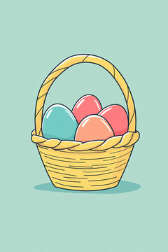 Cartoon basket with Easter eggs on seafoam green background.