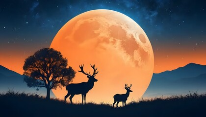 Majestic Deer Under a Harvest Moon | Stunning Wildlife Silhouette Against an Orange Full Moon | Night Sky with Stars and Mountain Landscape | Serene Nature Scene with Stag and Fawn at Twilight