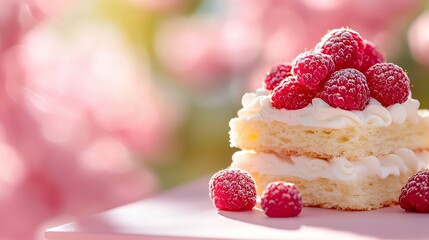 Homemade Raspberry Cake with Whipped Cream Dessert, Pink Background, Sweet Treats