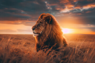 King of the Savannah: Majestic Lion Amidst A Breathtaking Sunset