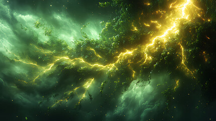 Obraz premium Green nebula, cosmic lightning, space, energy, background, abstract, science fiction, artwork
