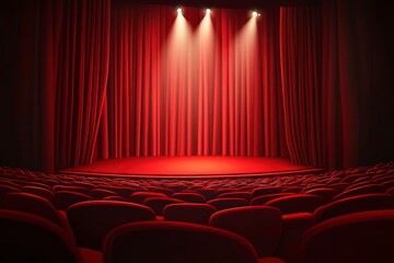 Empty Theater Stage with Red Curtains and Seats in Spotlight