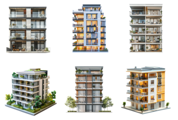 Collection of Apartment front view full length isolate on transparency background