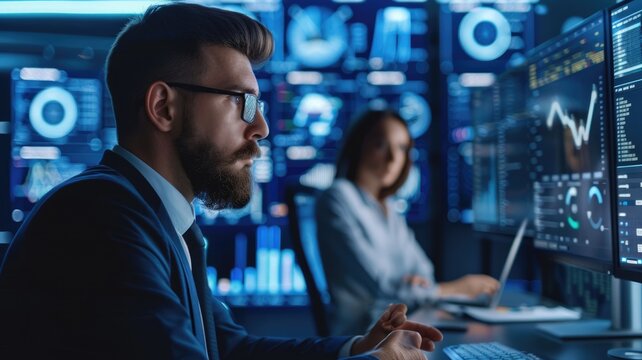 Picture of digital security system to protect dangerous hacking computer user in colorful light of cyberspace style theme. Coding and programming for guarding digital technology from criminal. AIG53.