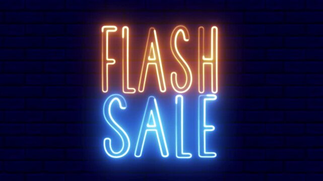 Flash Sale text font with neon light. Luminous and shimmering haze inside the letters of the text Flash Sale. Flash Sale neon sign. Black Friday concept. 