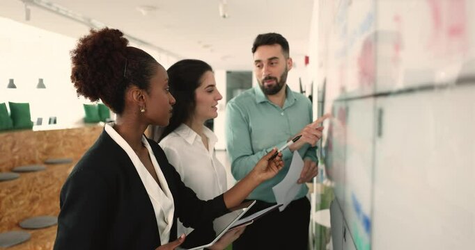 Positive successful diverse company managers brainstorming on management strategy at Kanban board, pointing at notes on whiteboard, talking, discussing tasking, business plan