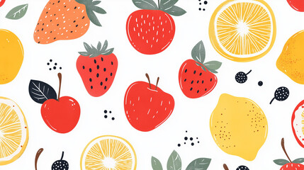 Seamless Pattern of Cute Hand-Drawn Fruits and Berries on White Background