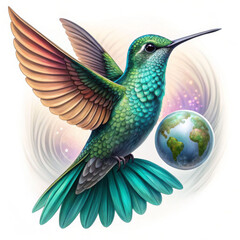 Fototapeta premium Earth Day 2025 concept, A vibrant illustration of a hummingbird hovering near the Earth, showcasing nature and wildlife in harmonious colors.