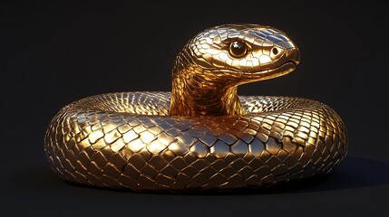 Fototapeta premium Golden Chinese Snake Statue Isolated on Black Background