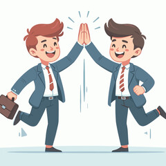 Obraz premium Businessmen celebrating success with high five while running in professional environment