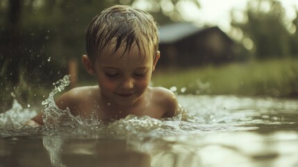Fototapeta premium Innocence of Childhood: A Boy's Joyful Splash in Nature's Embrace