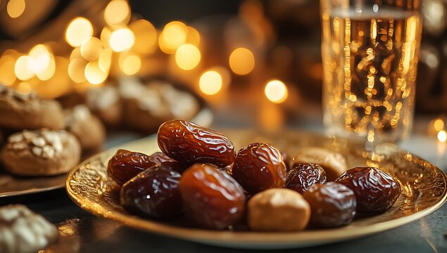 traditional iftar setting with a golden plate of dates, a glass of qamar al-din, and blurred festive lights