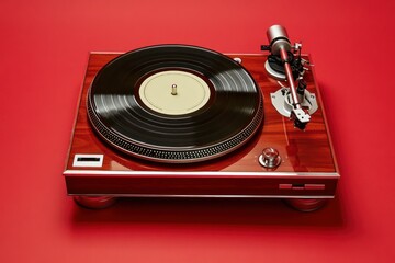 Retro Turntable with Vinyl Record on Bright Red Background in Modern Style