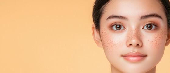 Fresh face with freckles, glowing skin, and even complexion against warm background. natural beauty radiates confidence and charm