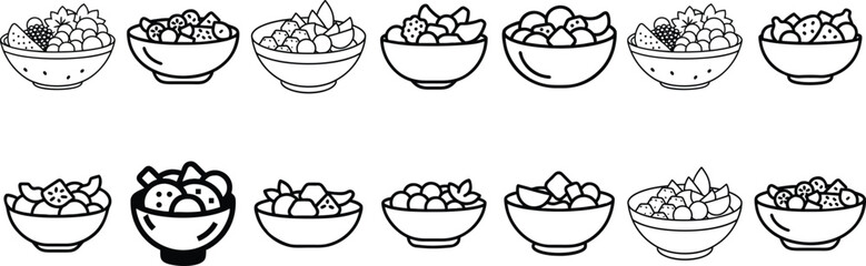 Fruit Bowl Vector Icons Set,Healthy Fruit Salad Illustrations,Fresh Fruits Line Art Collection