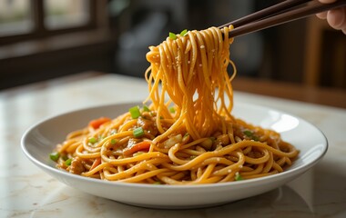 Delicious golden noodles in a savoury sauce served on a white plate
