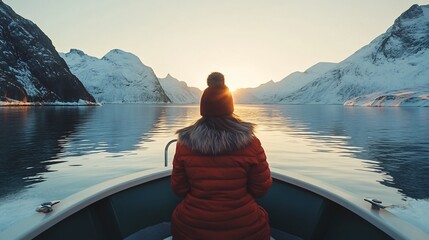 Fototapeta premium Peaceful expedition through the Arctic fjords a woman dressed in warm layers sits at the front of a luxury boat gazing at the landscape high quality color grading professional depth
