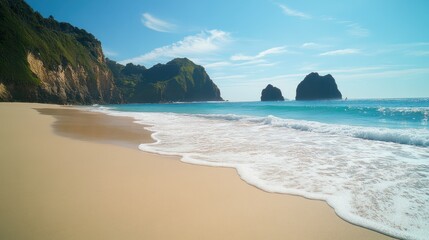 Serene Coastal Paradise: Picturesque Beach with Lush Green Cliffs and Turquoise Waters