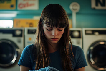 Young woman laundromat activity captured during a quiet afternoon